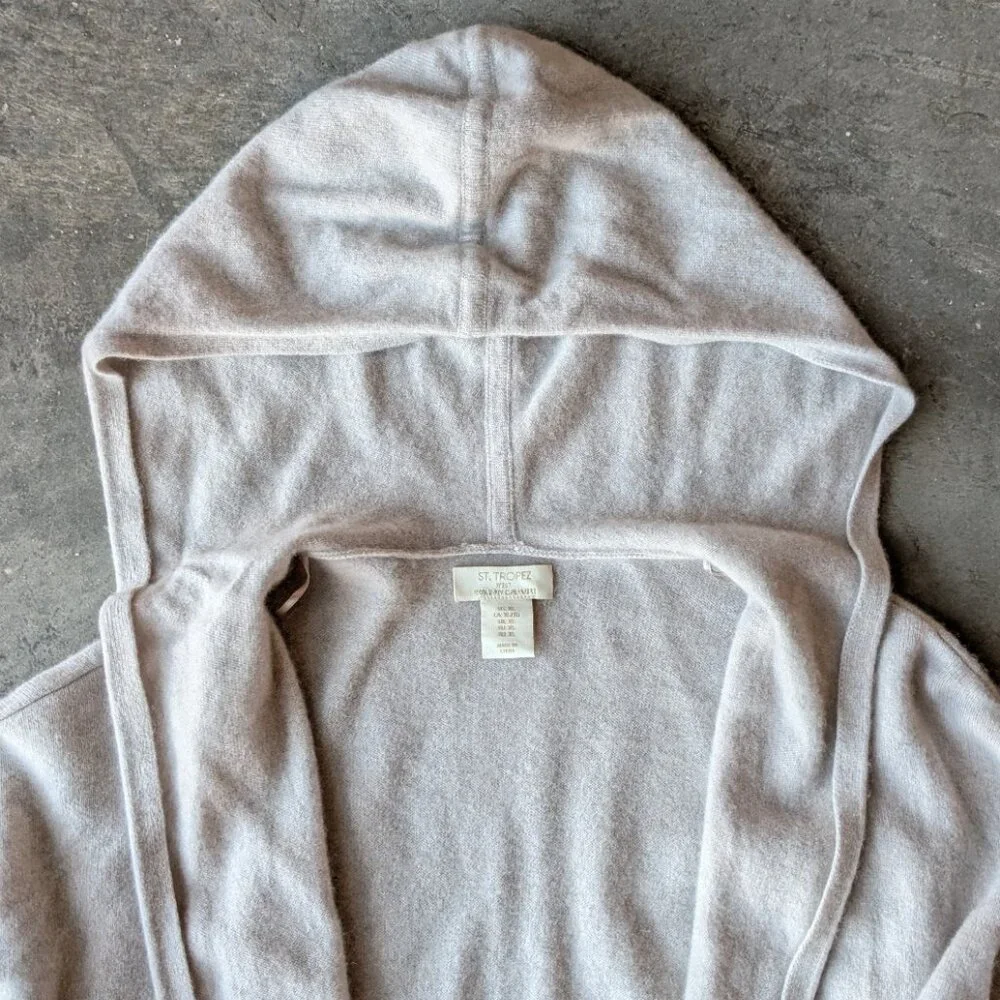 St. Tropez West Beige Cashmere Hooded Open Front Cardigan size XL